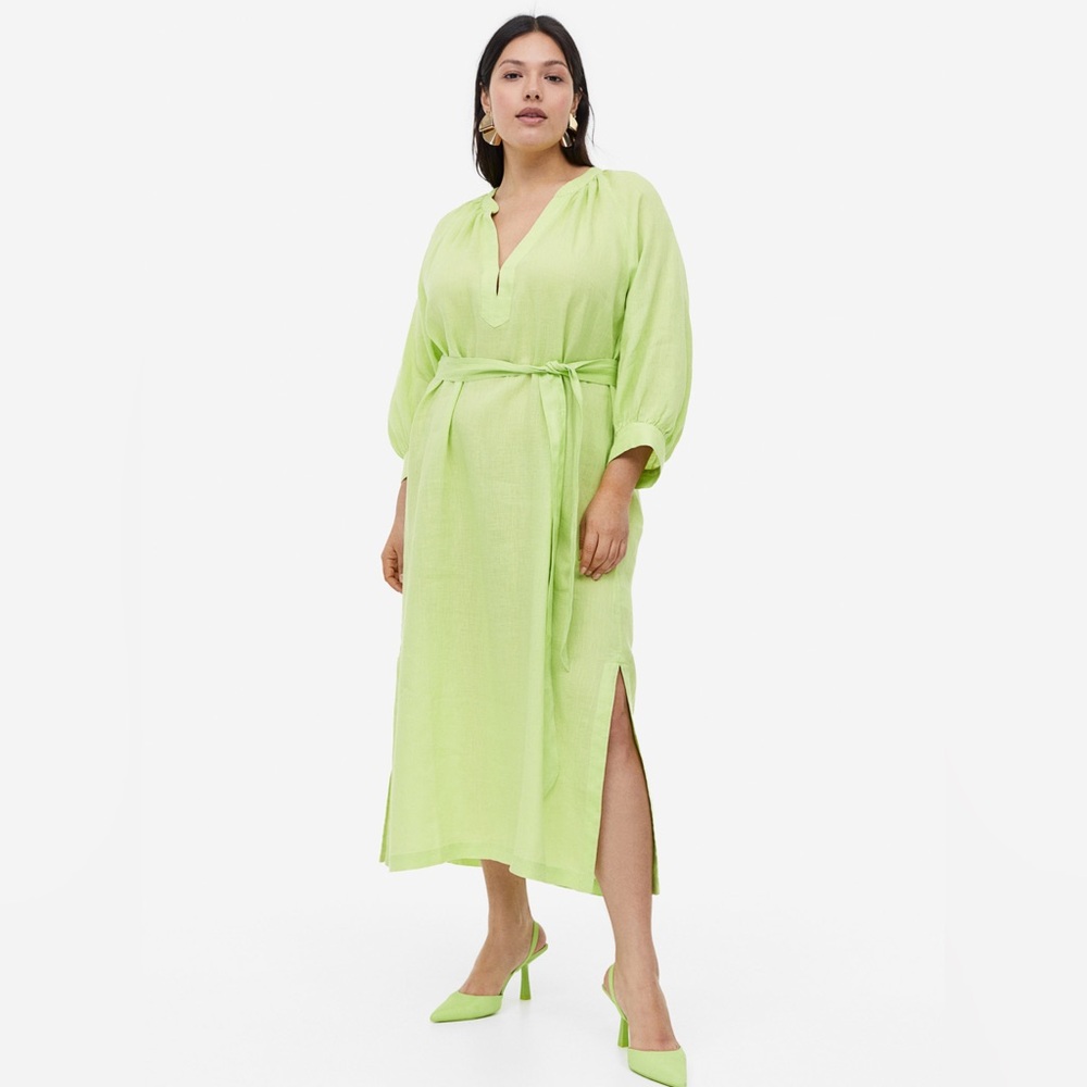 Linen Tie Belt Dress Longโ Womenโs Small Green Cover Up Caftan Beach Resort